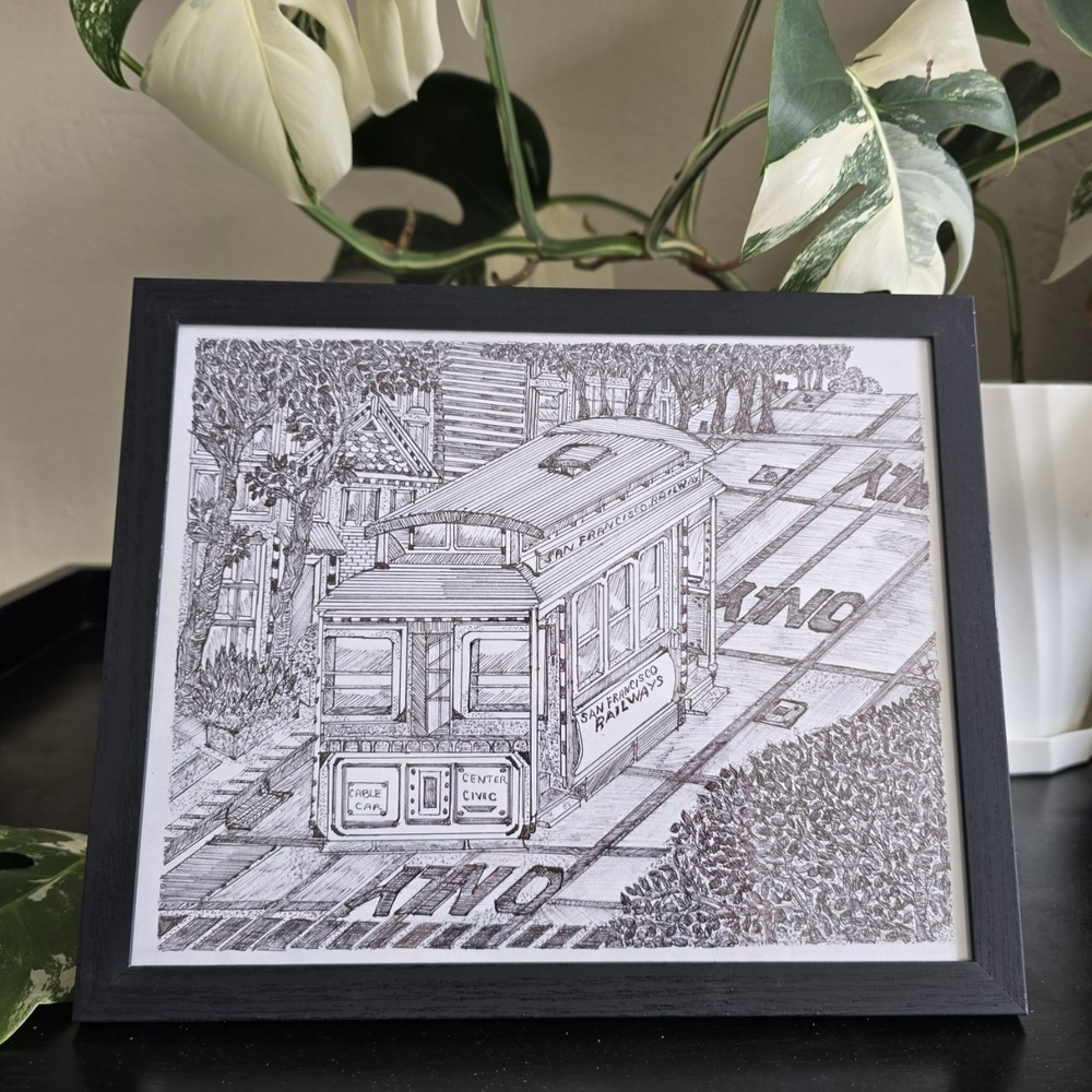 San Francisco California Art Original Drawing Cable Car Trolley